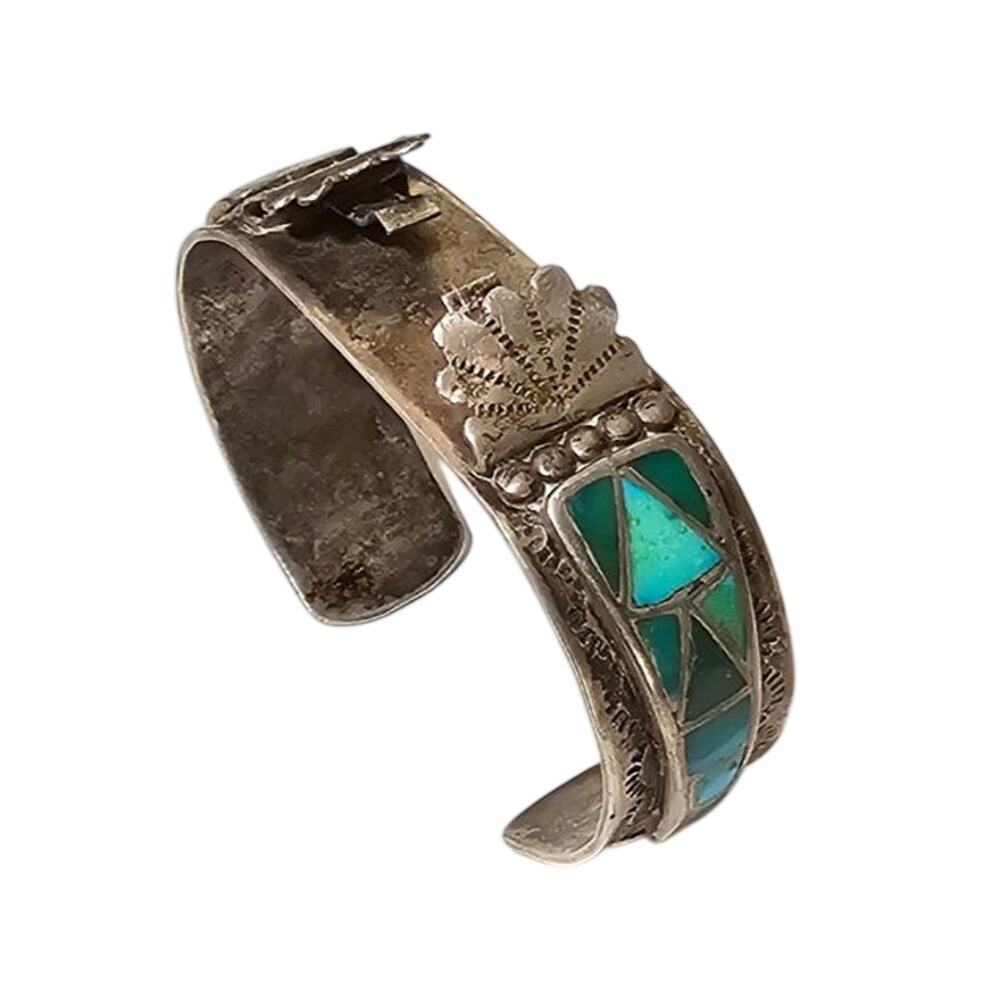 Vintage Zuni Sterling Natural Turquoise Inlay Watch Cuff Bracelet - P. Yatsattie